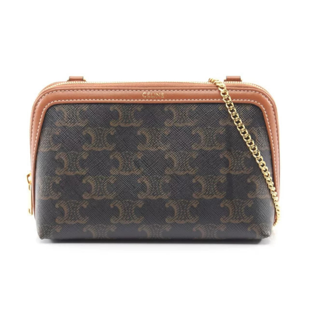 Celine Triomphe Chain Clutch Shoulder Bag Canvas Leather Black Brown